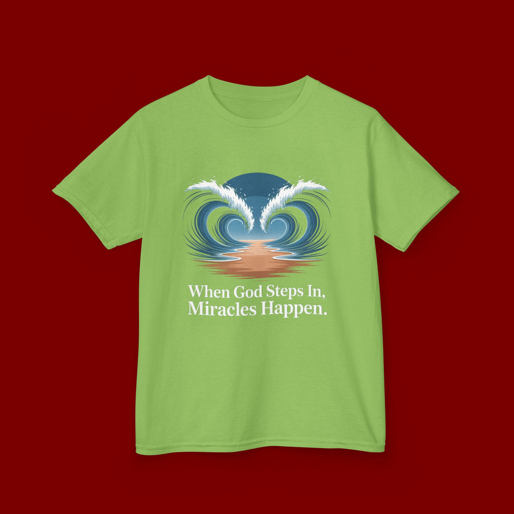 Kids Tee — “When God Steps In, Miracles Happen” Wave Heart Faith Shirt