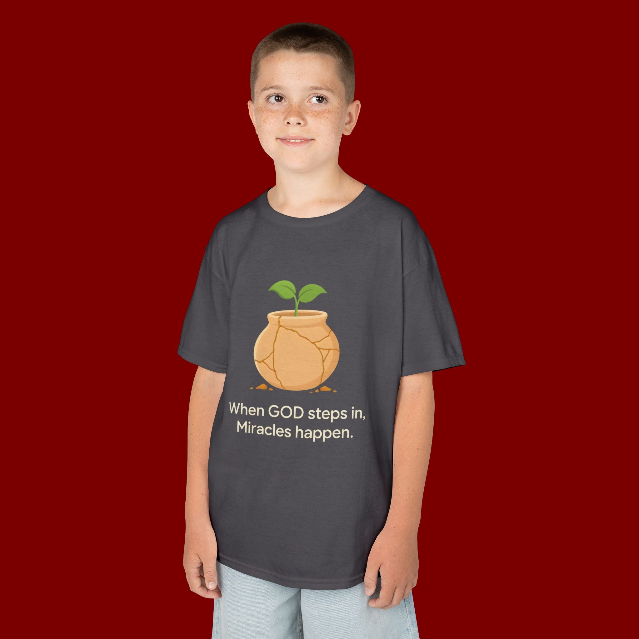 Kids Tee — "When GOD steps in, Miracles happen." Inspirational Christian T‑Shirt with Sprout Pot Design