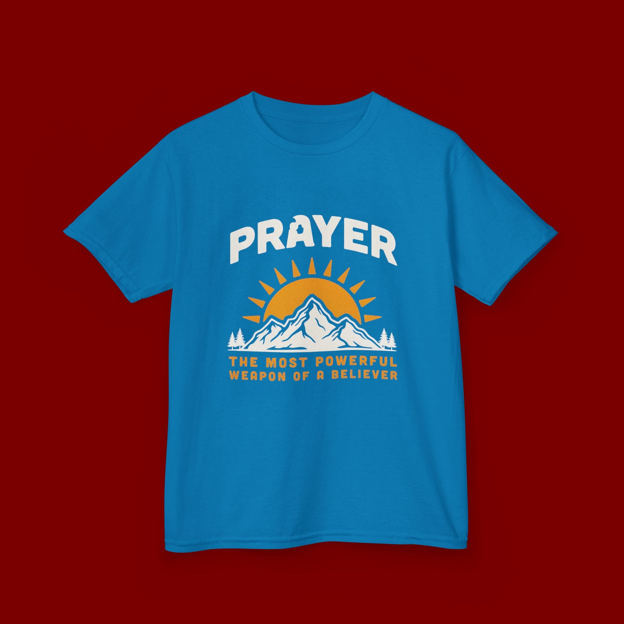 Kids Tee — "Prayer: The Most Powerful Weapon of a Believer" Mountain Sun Graphic