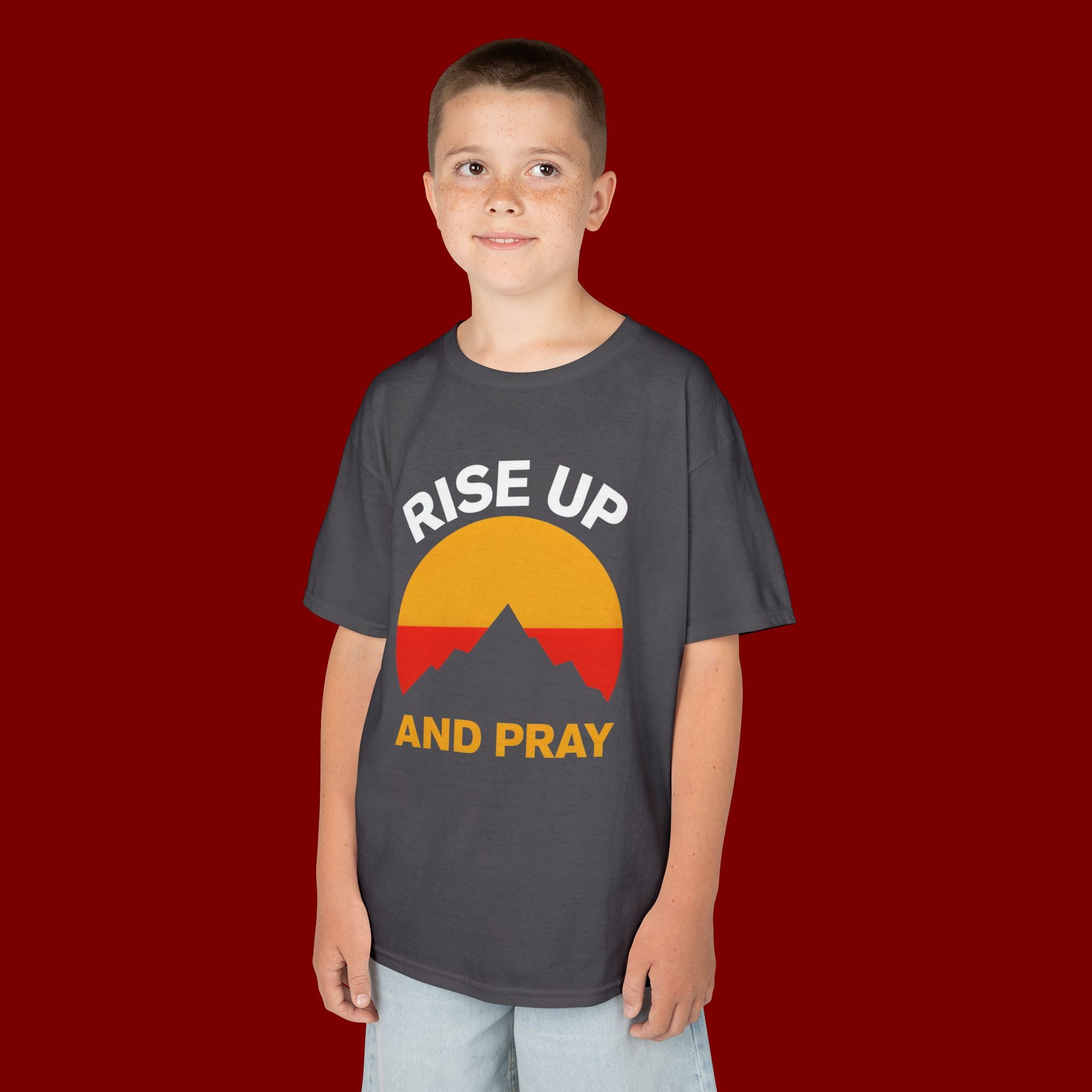 Kids Tee — "Rise Up and Pray" Mountain Sunrise Faith T‑Shirt