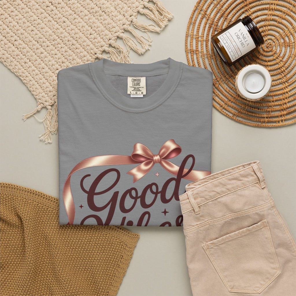 Good Vibes Only T-Shirt — Positive Message Graphic Tee with Ribbon Design