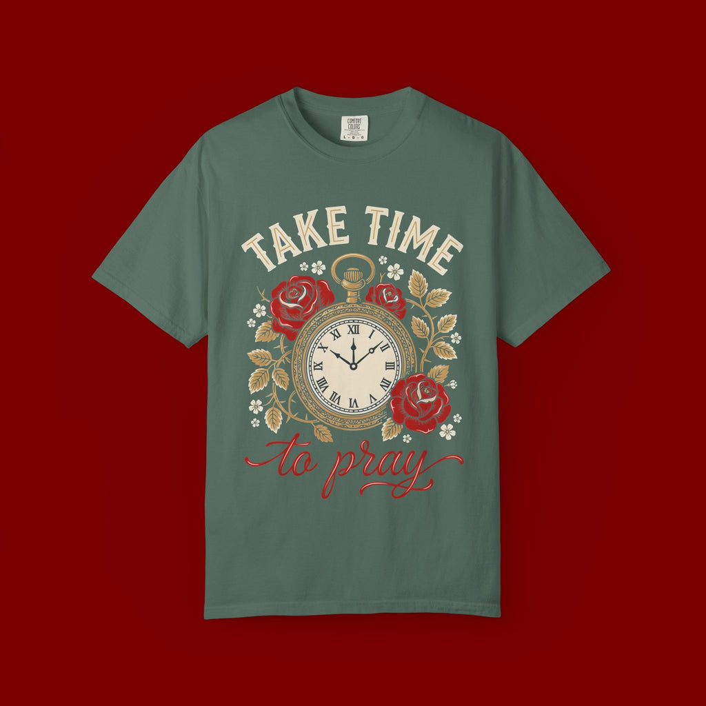 Take Time to Pray Pocket Watch T-Shirt — Faith-Based Floral Christian Tee