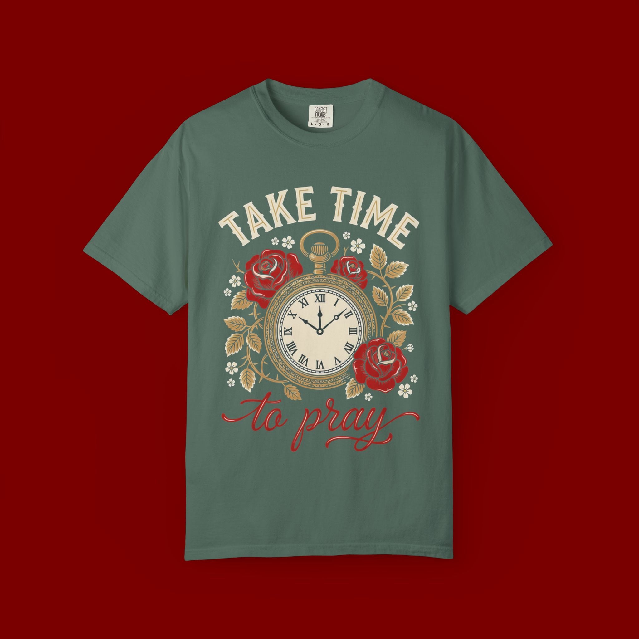 Take Time to Pray Pocket Watch T-Shirt — Faith-Based Floral Christian Tee