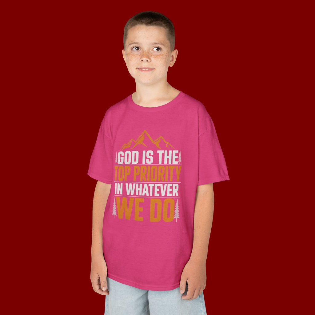 Kids Tee - "God Is the Top Priority in Whatever We Do" Faith Mountain Graphic