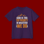 Kids Tee - "God Is the Top Priority in Whatever We Do" Faith Mountain Graphic
