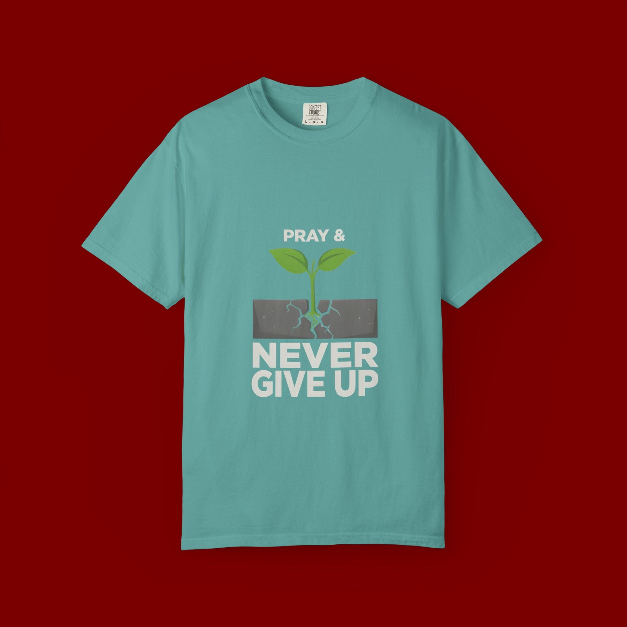Pray & Never Give Up T-Shirt – Inspirational Faith Tee with Sprout Graphic
