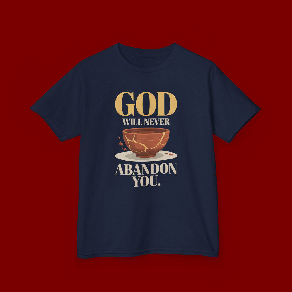 Kids Tee — "God Will Never Abandon You" Faith Graphic