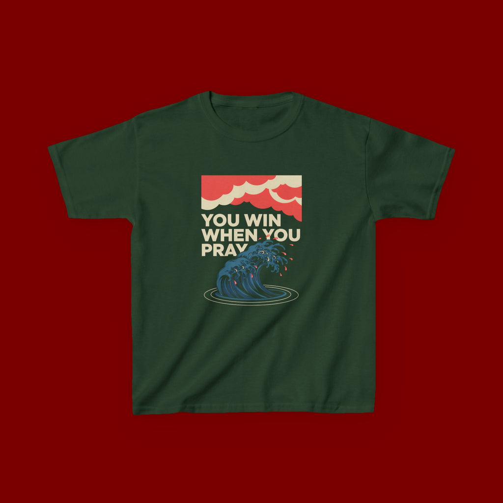 Kids Tee – “You Win When You Pray” Retro Wave Ocean Graphic