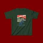 Kids Tee – “You Win When You Pray” Retro Wave Ocean Graphic