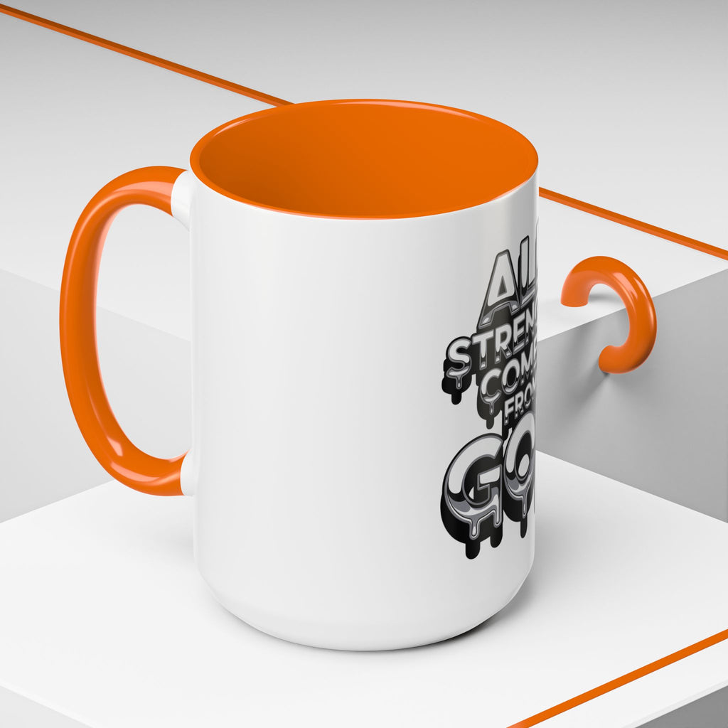 Ceramic Mug — "All Strength Comes From God" Black Accent Coffee Cup (11/15 oz)