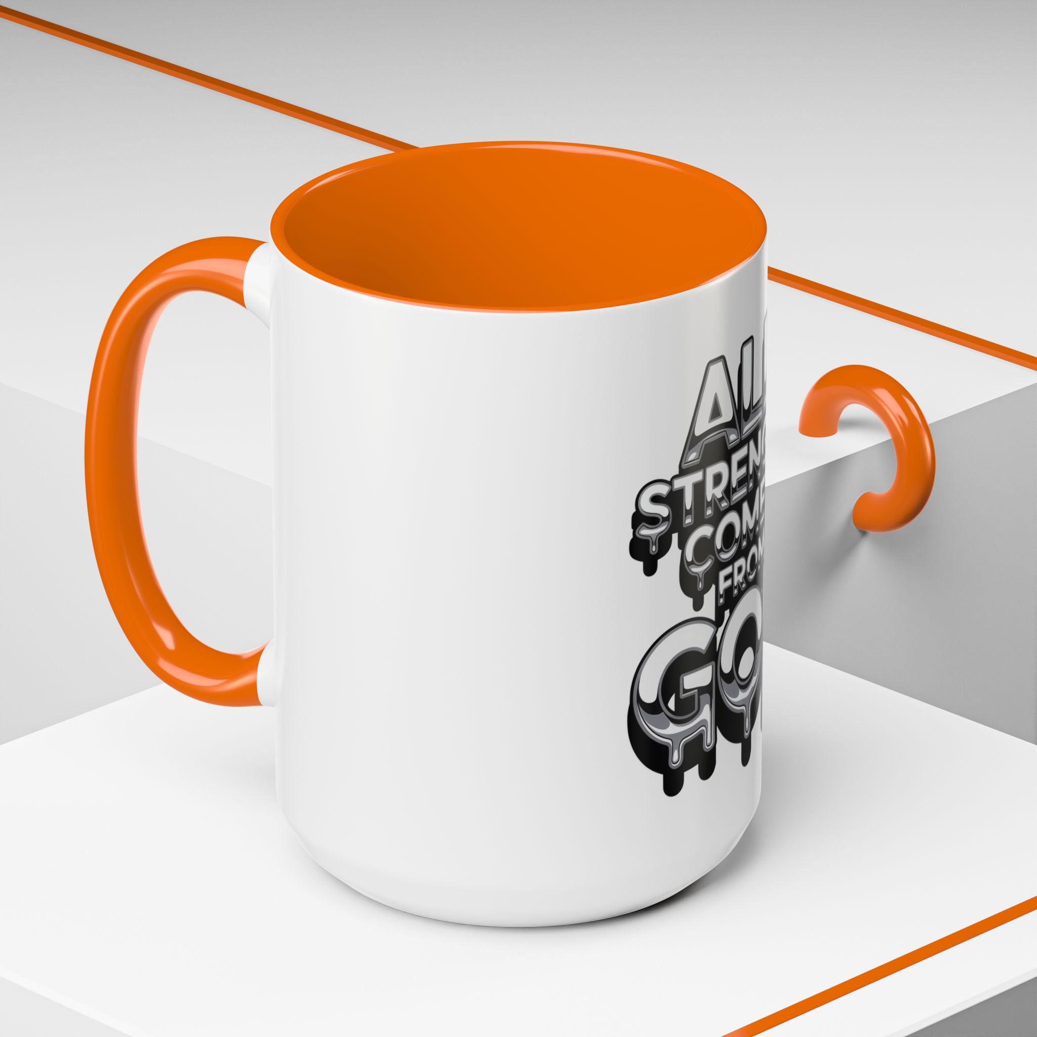 Ceramic Mug — "All Strength Comes From God" Black Accent Coffee Cup (11/15 oz)