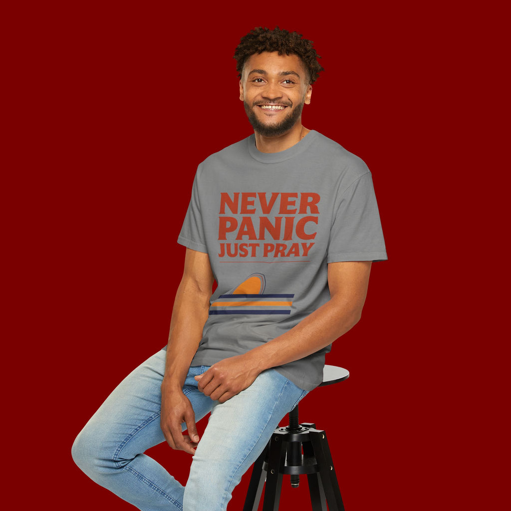 Never Panic Just Pray T‑Shirt — Retro Sunset Faith Tee