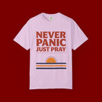 Never Panic Just Pray T‑Shirt — Retro Sunset Faith Tee