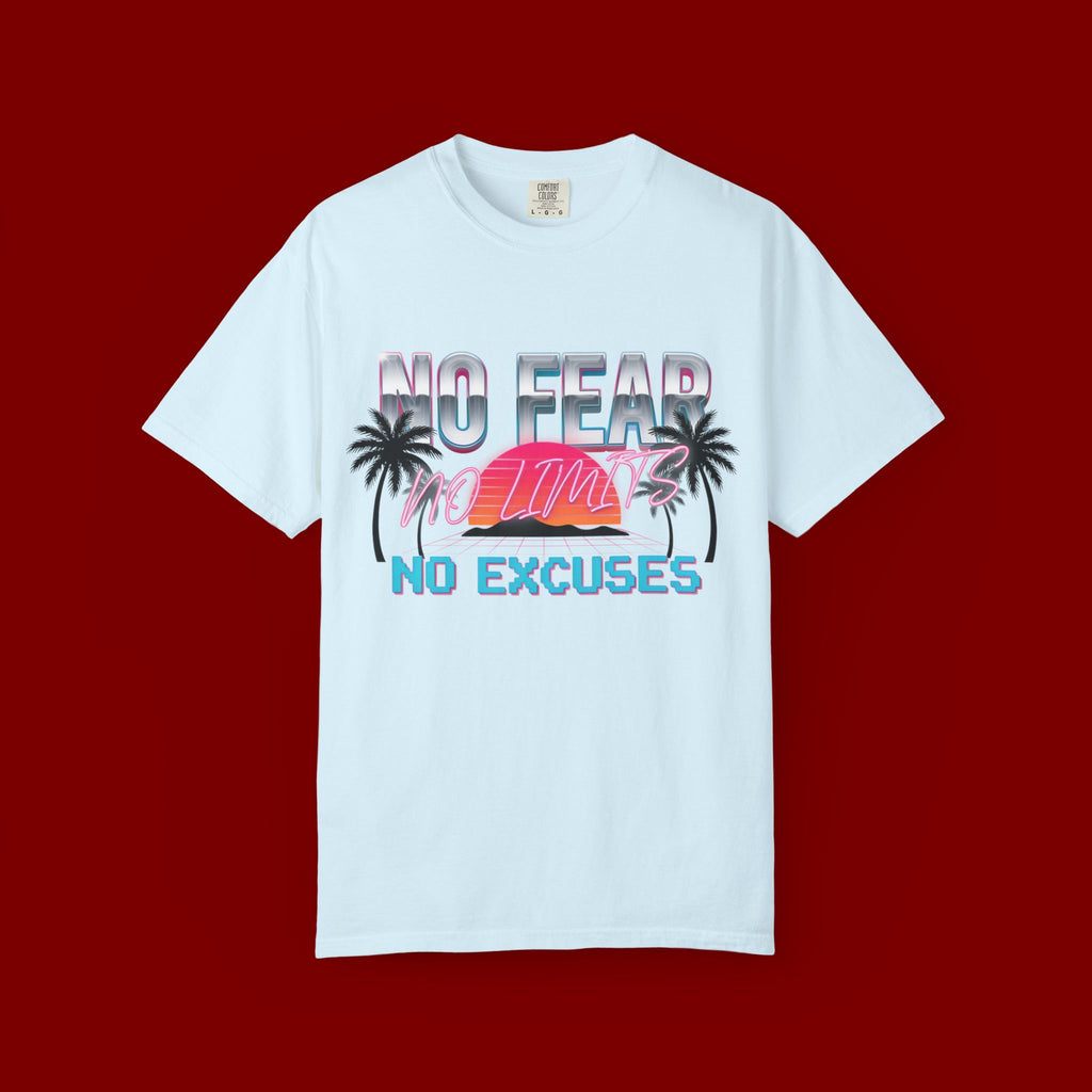 No Fear, No Excuses T-Shirt — Retro Sunset Palm Graphic Tee