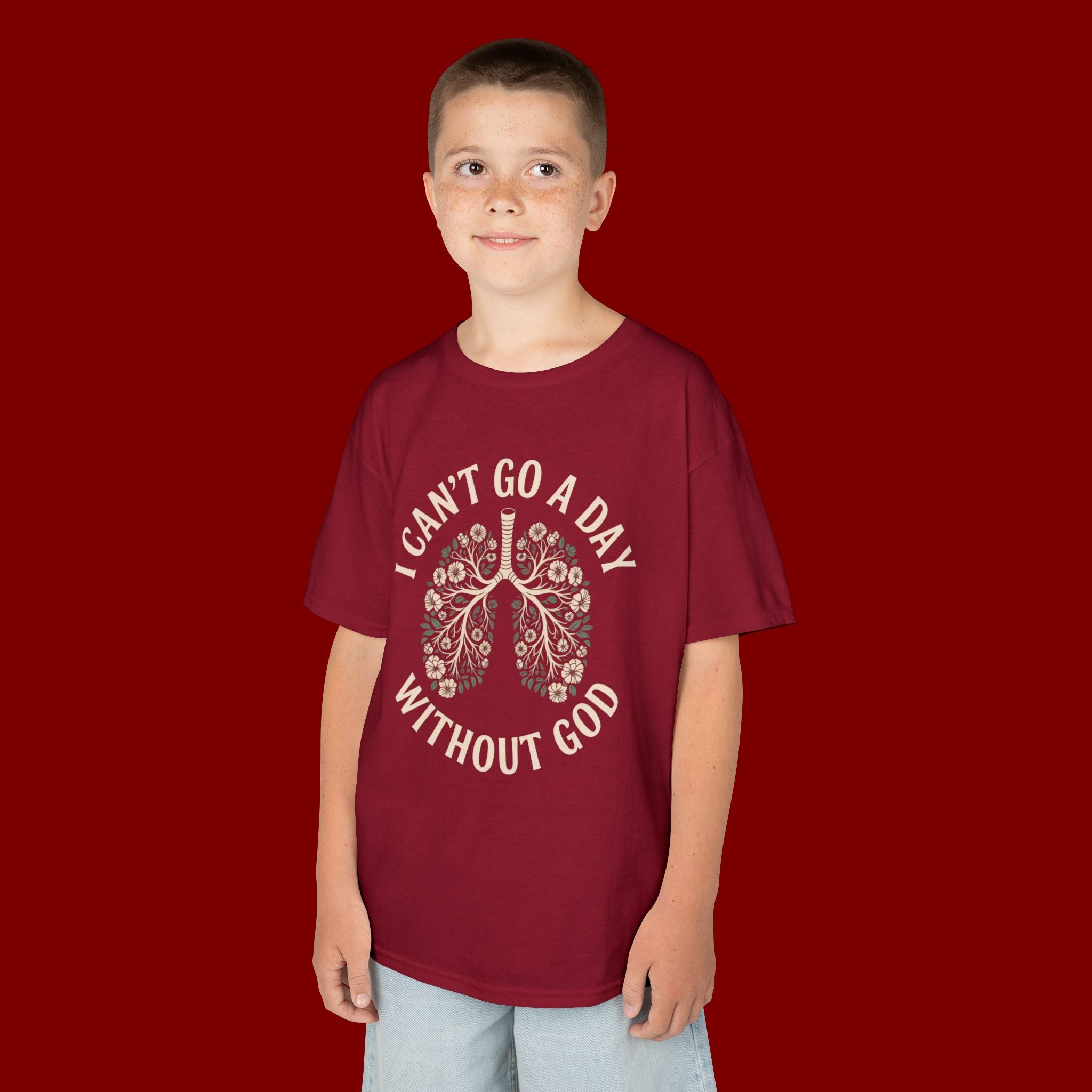 Kids T-Shirt – "I Can't Go a Day Without God" Floral Lungs Christian Tee
