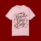 Good Vibes Only T-Shirt — Positive Message Graphic Tee with Ribbon Design