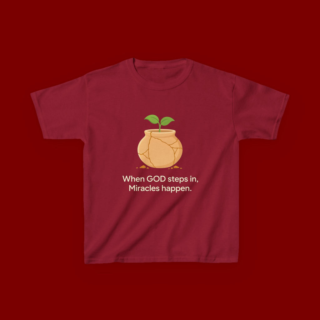 Kids Tee — "When GOD steps in, Miracles happen." Inspirational Christian T‑Shirt with Sprout Pot Design