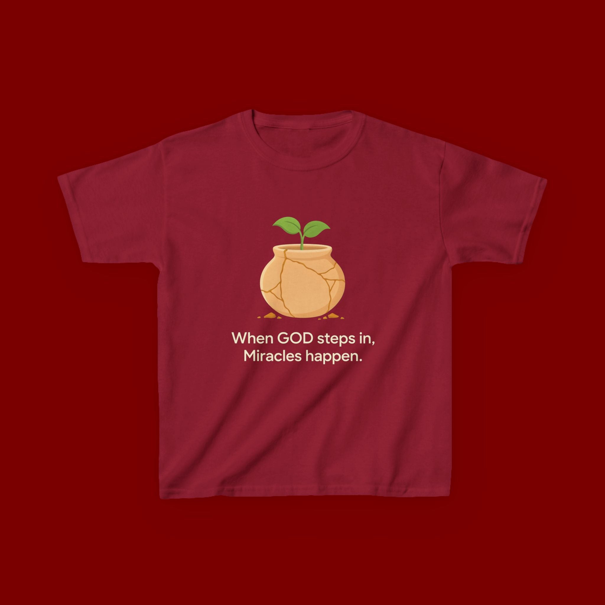 Kids Tee — "When GOD steps in, Miracles happen." Inspirational Christian T‑Shirt with Sprout Pot Design
