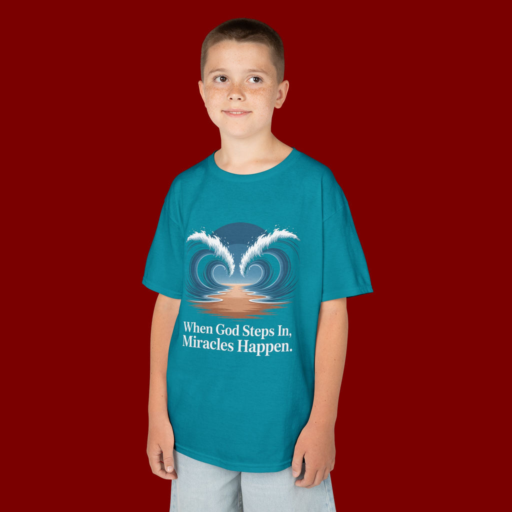 Kids Tee — “When God Steps In, Miracles Happen” Wave Heart Faith Shirt