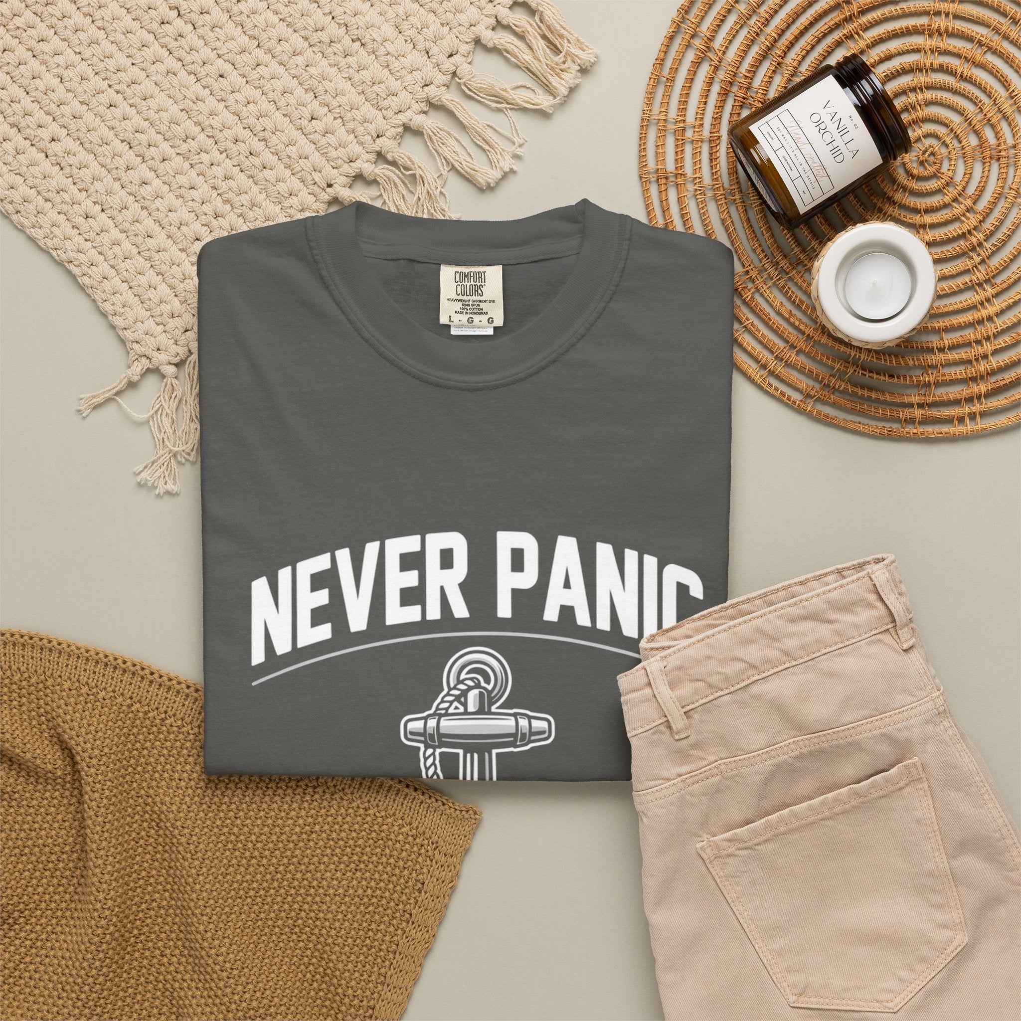 T-Shirt — "Never Panic Just Pray" Anchor Christian Faith Tee