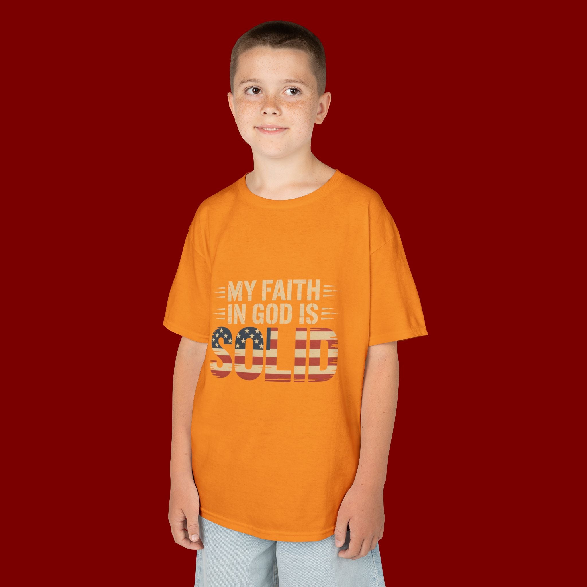 Kids Tee — "My Faith in God is Solid" Patriotic Christian T-Shirt