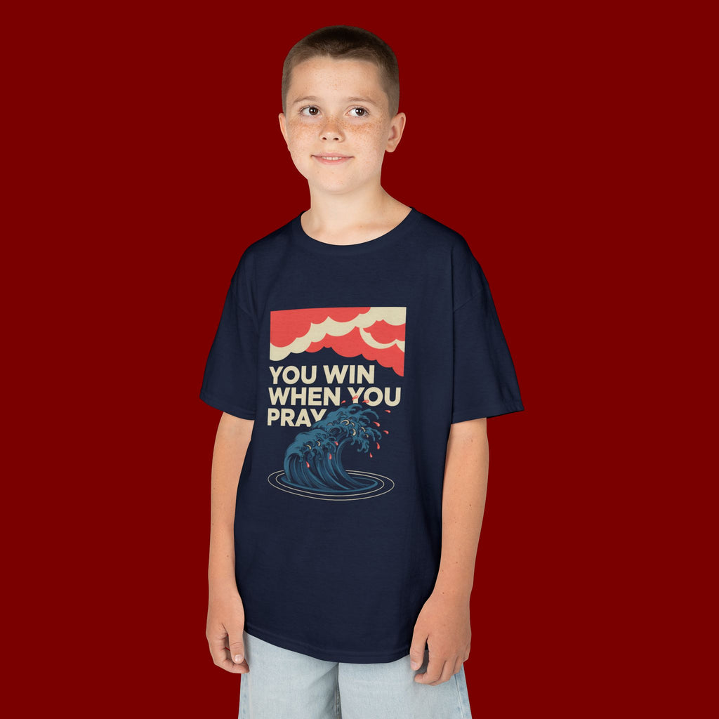 Kids Tee – “You Win When You Pray” Retro Wave Ocean Graphic