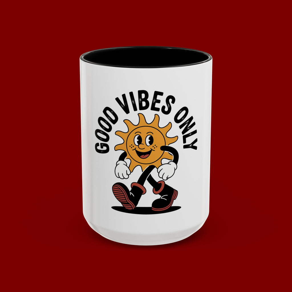 Good Vibes Only Coffee Mug - Retro Sun Cartoon Accent Mug (11/15oz)