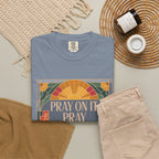 T-Shirt — Retro Sunset Floral Graphic “Play On It, Pray Over It, Pray Through It”