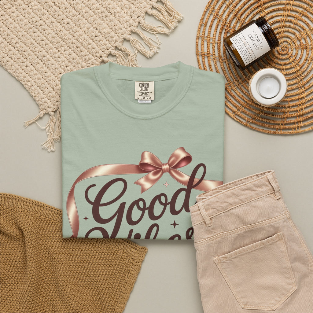 Good Vibes Only T-Shirt — Positive Message Graphic Tee with Ribbon Design
