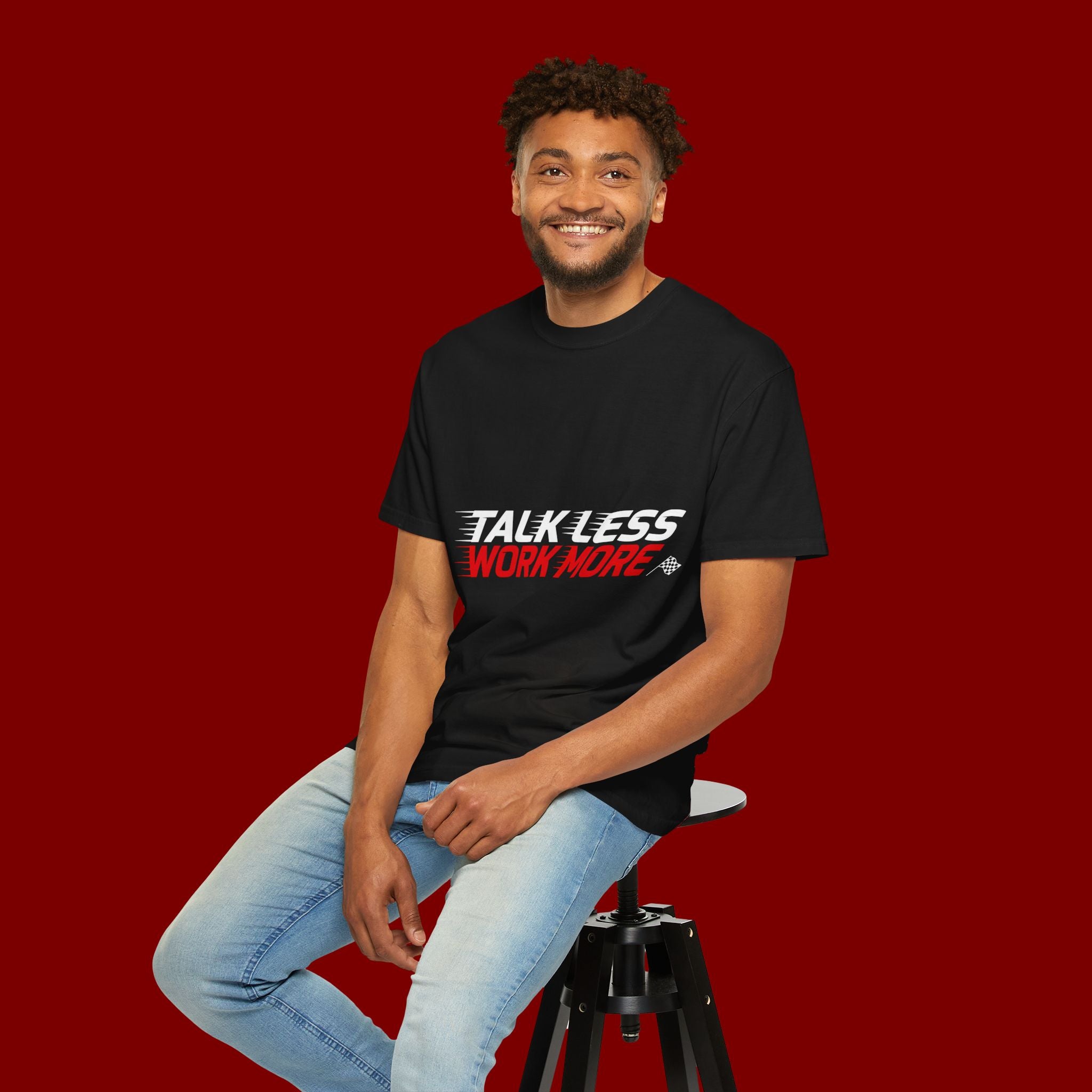 Work More Graphic T-Shirt — Bold Red Minimalist Slogan Tee