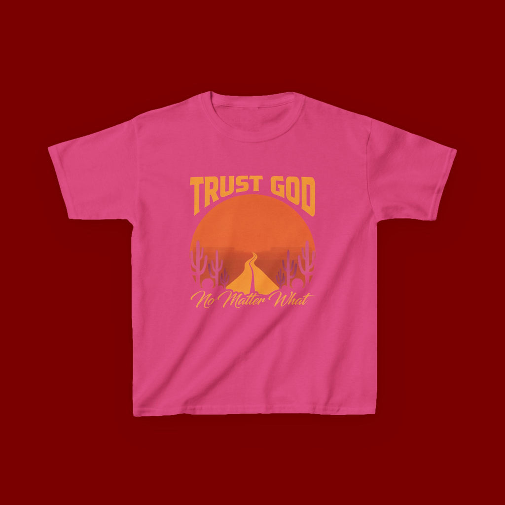 Kids Tee — "Trust God No Matter What" Sunset Camping Graphic