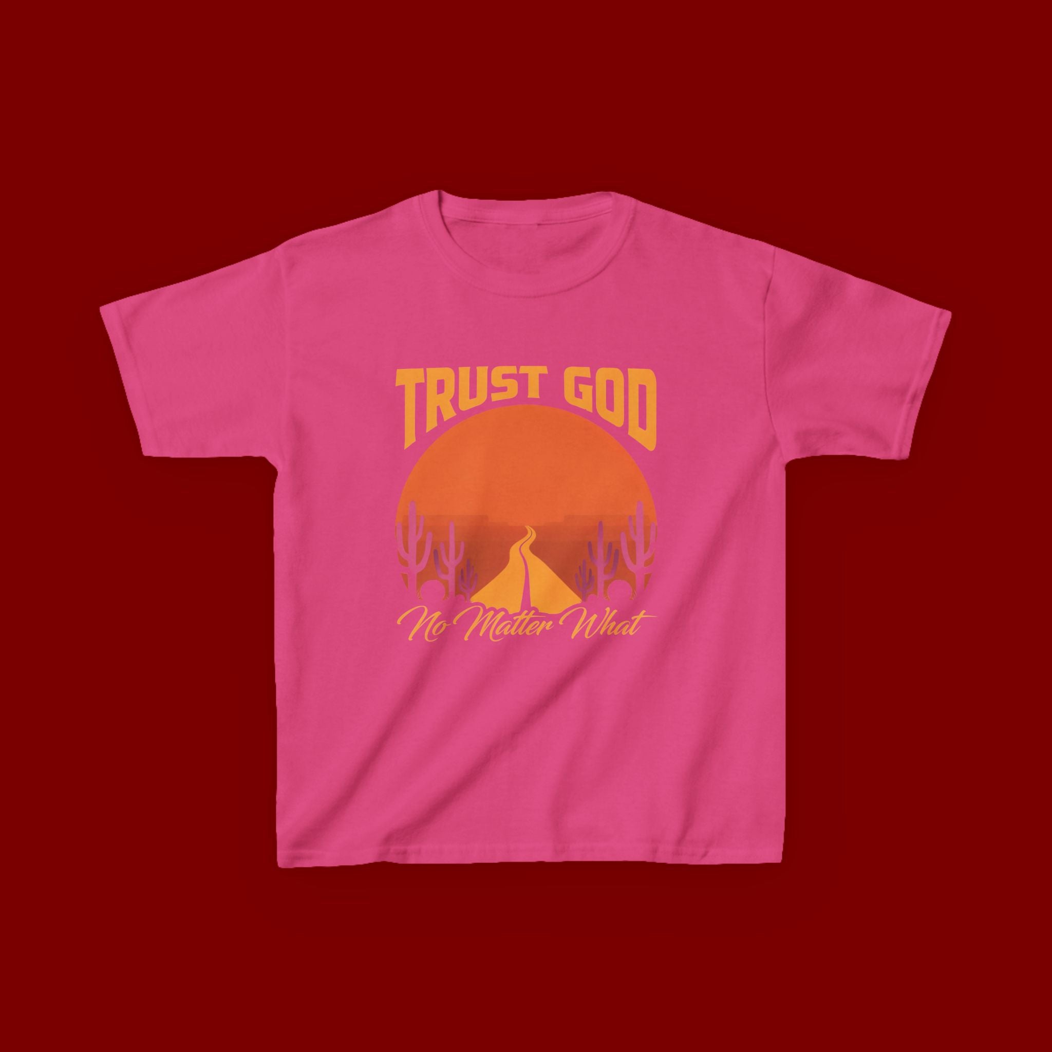 Kids Tee — "Trust God No Matter What" Sunset Camping Graphic