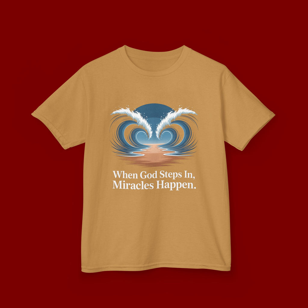 Kids Tee — “When God Steps In, Miracles Happen” Wave Heart Faith Shirt