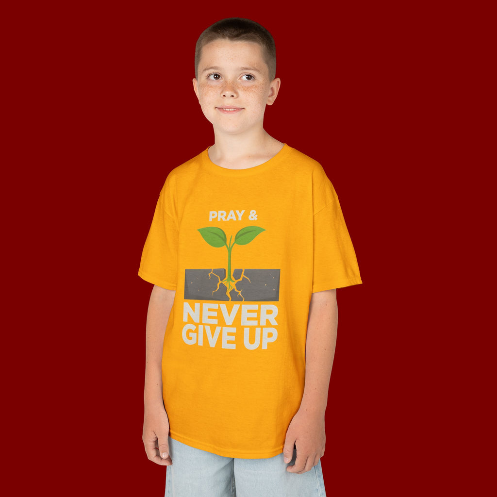 Kids Tee – "Pray & Never Give Up" Inspirational Plant Graphic