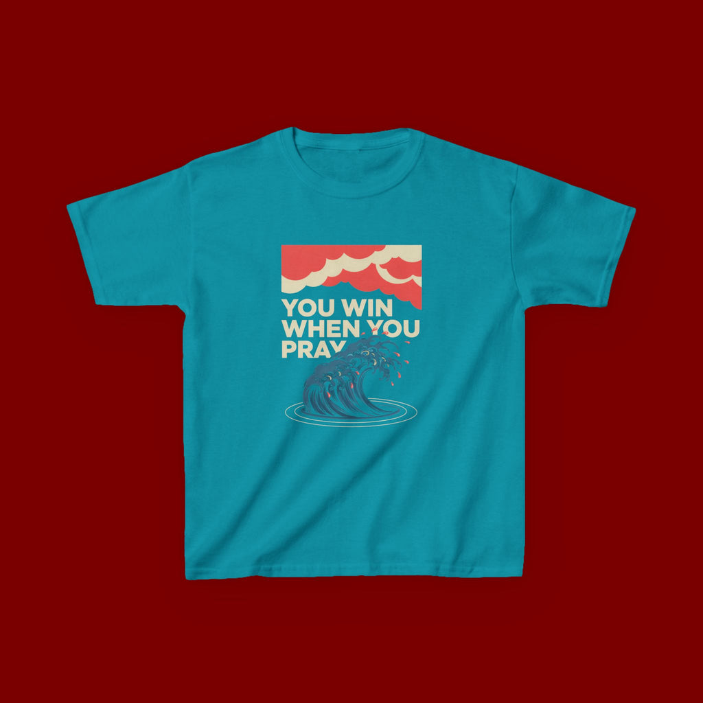 Kids Tee – “You Win When You Pray” Retro Wave Ocean Graphic