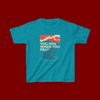 Kids Tee – “You Win When You Pray” Retro Wave Ocean Graphic