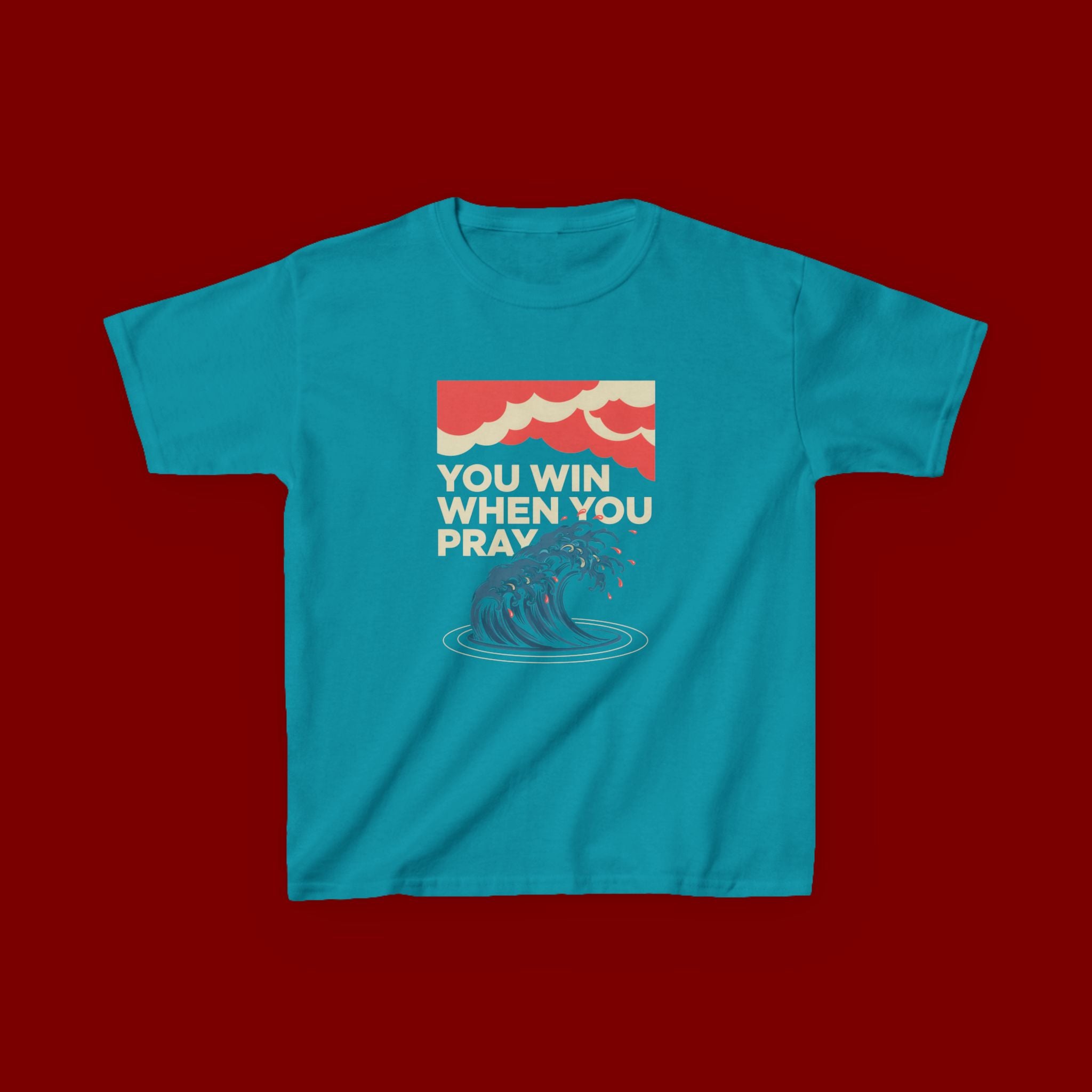 Kids Tee – “You Win When You Pray” Retro Wave Ocean Graphic