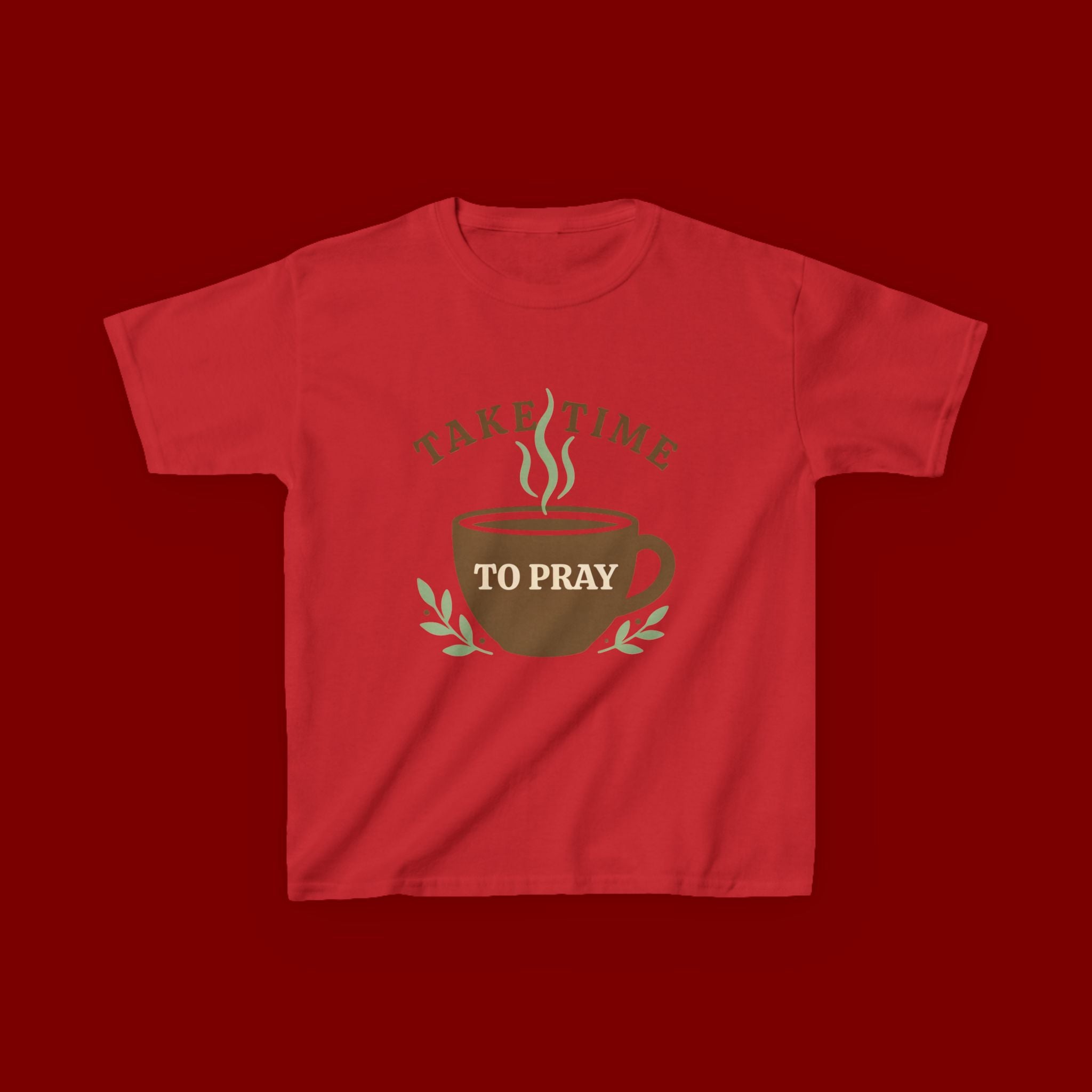 Kids Tee — "Take Time to Pray" Coffee Cup Faith Graphic
