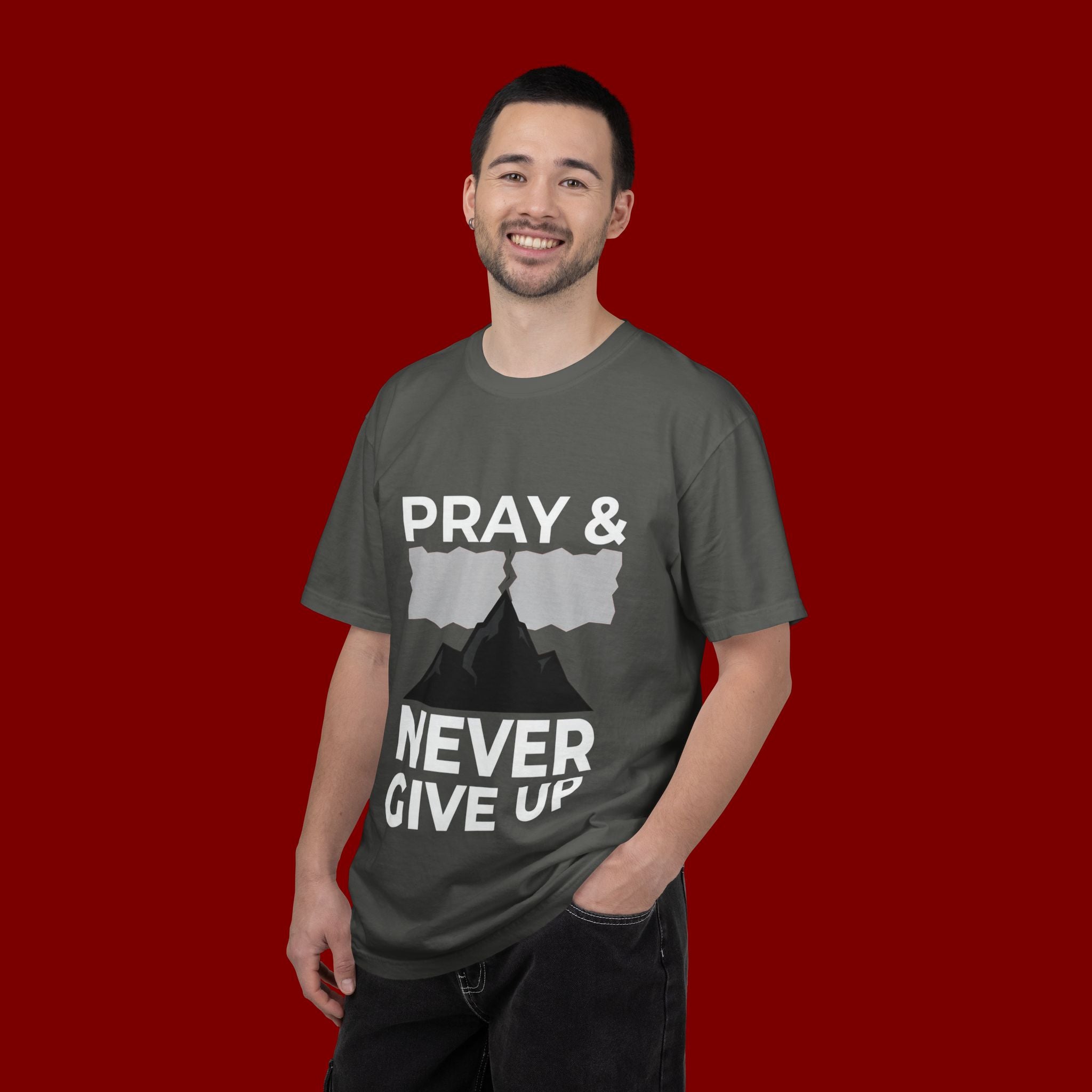 Pray & Never Give Up T-Shirt — Inspirational Christian Mountain Tee