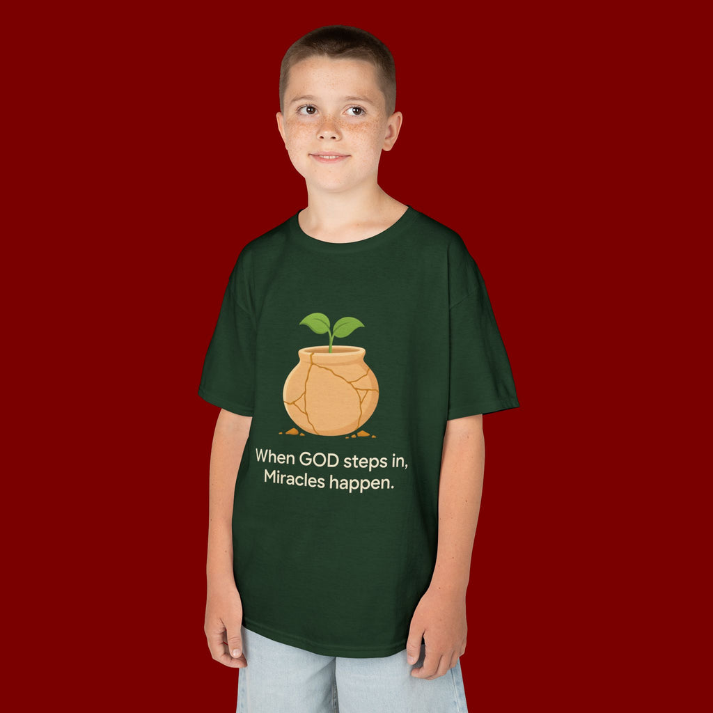 Kids Tee — "When GOD steps in, Miracles happen." Inspirational Christian T‑Shirt with Sprout Pot Design