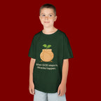 Kids Tee — "When GOD steps in, Miracles happen." Inspirational Christian T‑Shirt with Sprout Pot Design
