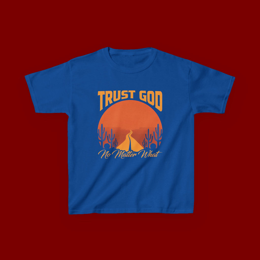 Kids Tee — "Trust God No Matter What" Sunset Camping Graphic