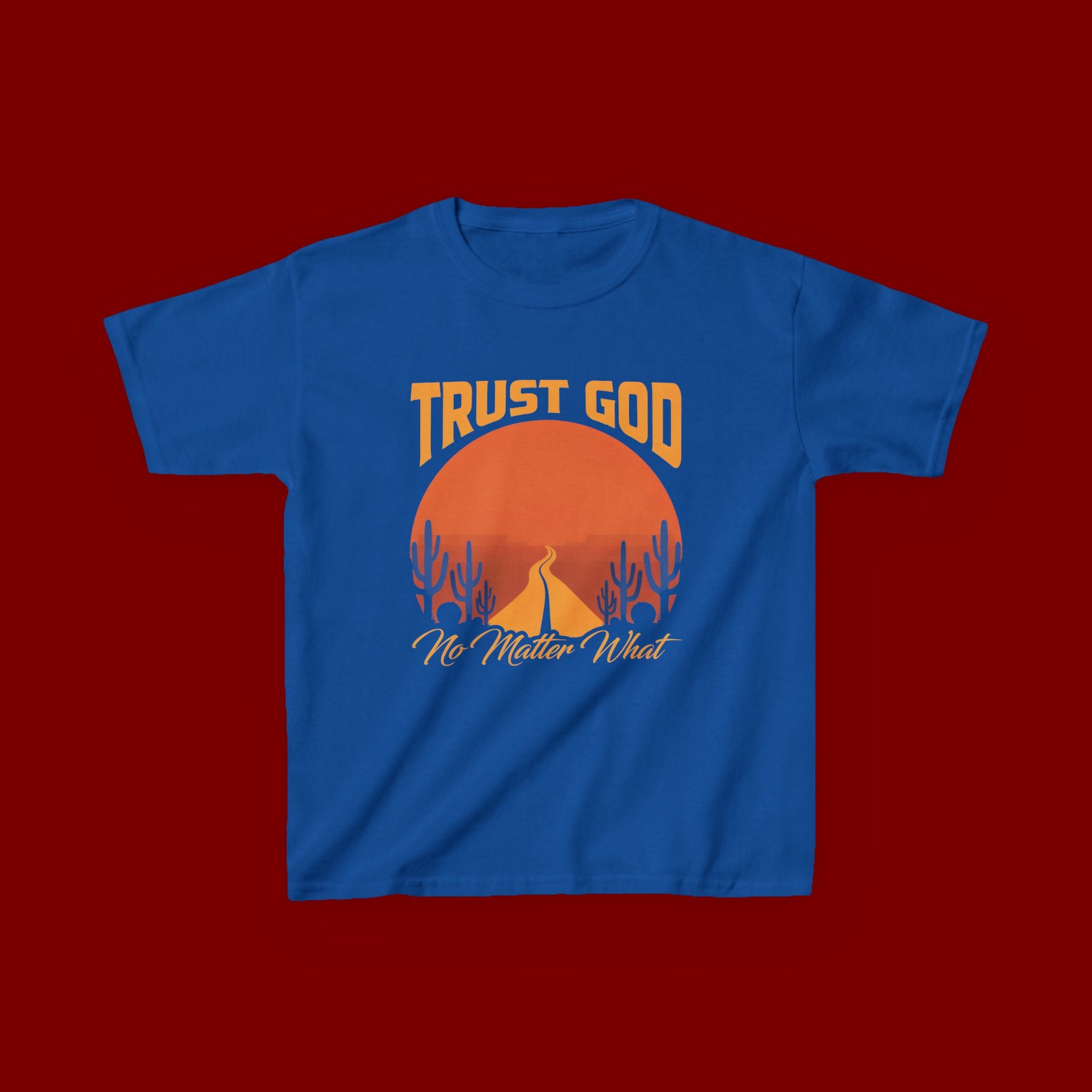 Kids Tee — "Trust God No Matter What" Sunset Camping Graphic