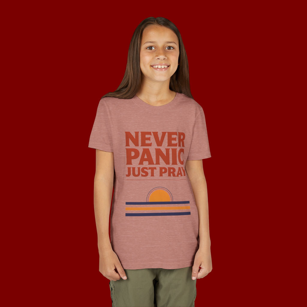 Youth Tee — "Never Panic Just Pray" Retro Sunset Kids T-Shirt