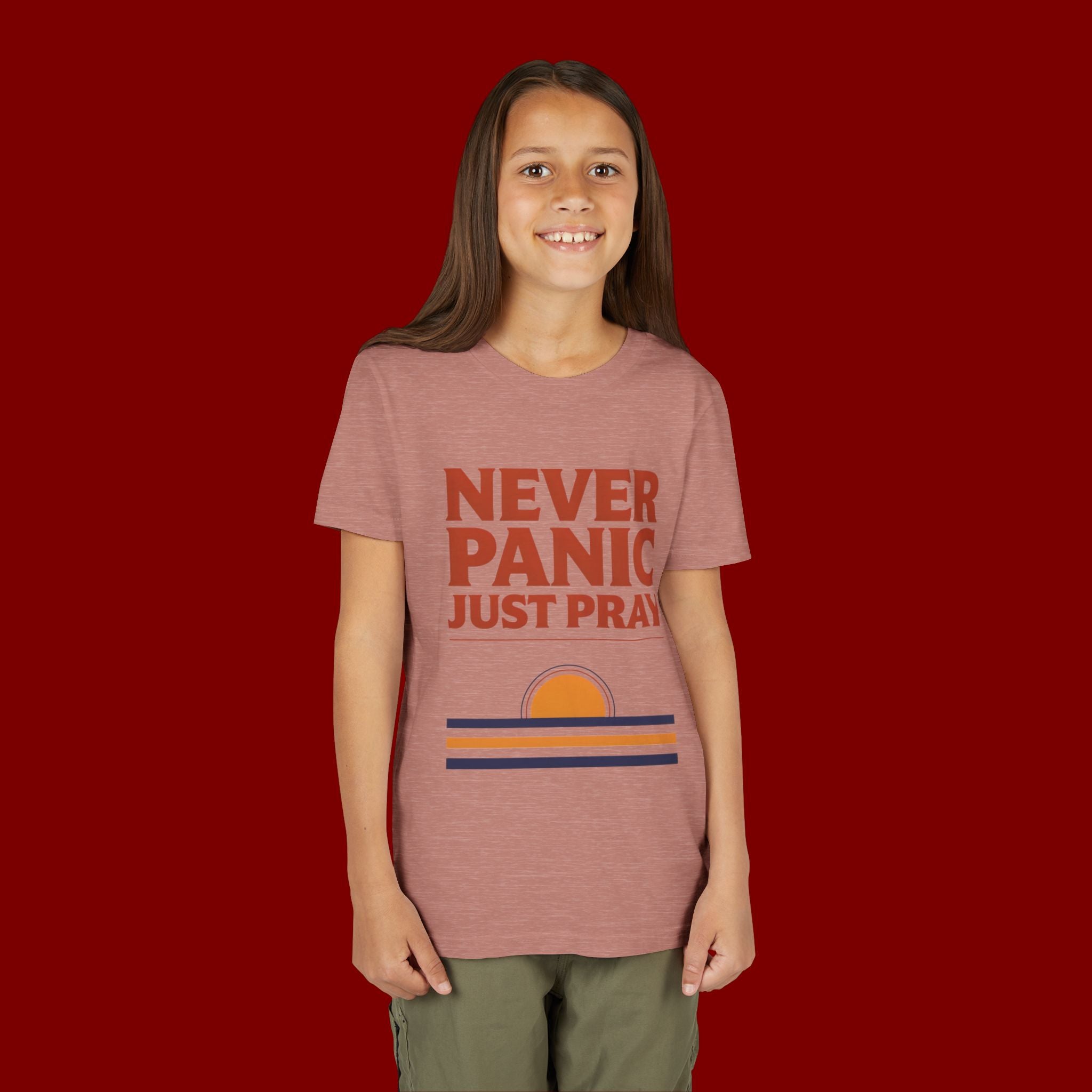 Youth Tee — "Never Panic Just Pray" Retro Sunset Kids T-Shirt