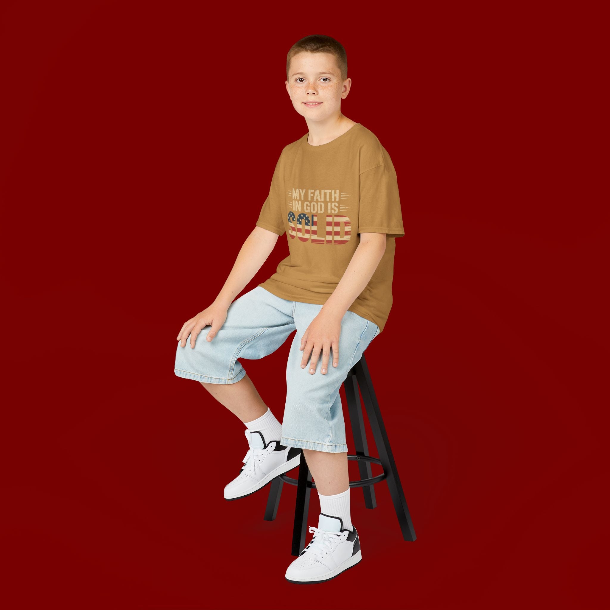 Kids Tee — "My Faith in God is Solid" Patriotic Christian T-Shirt