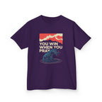 Kids Tee – “You Win When You Pray” Retro Wave Ocean Graphic