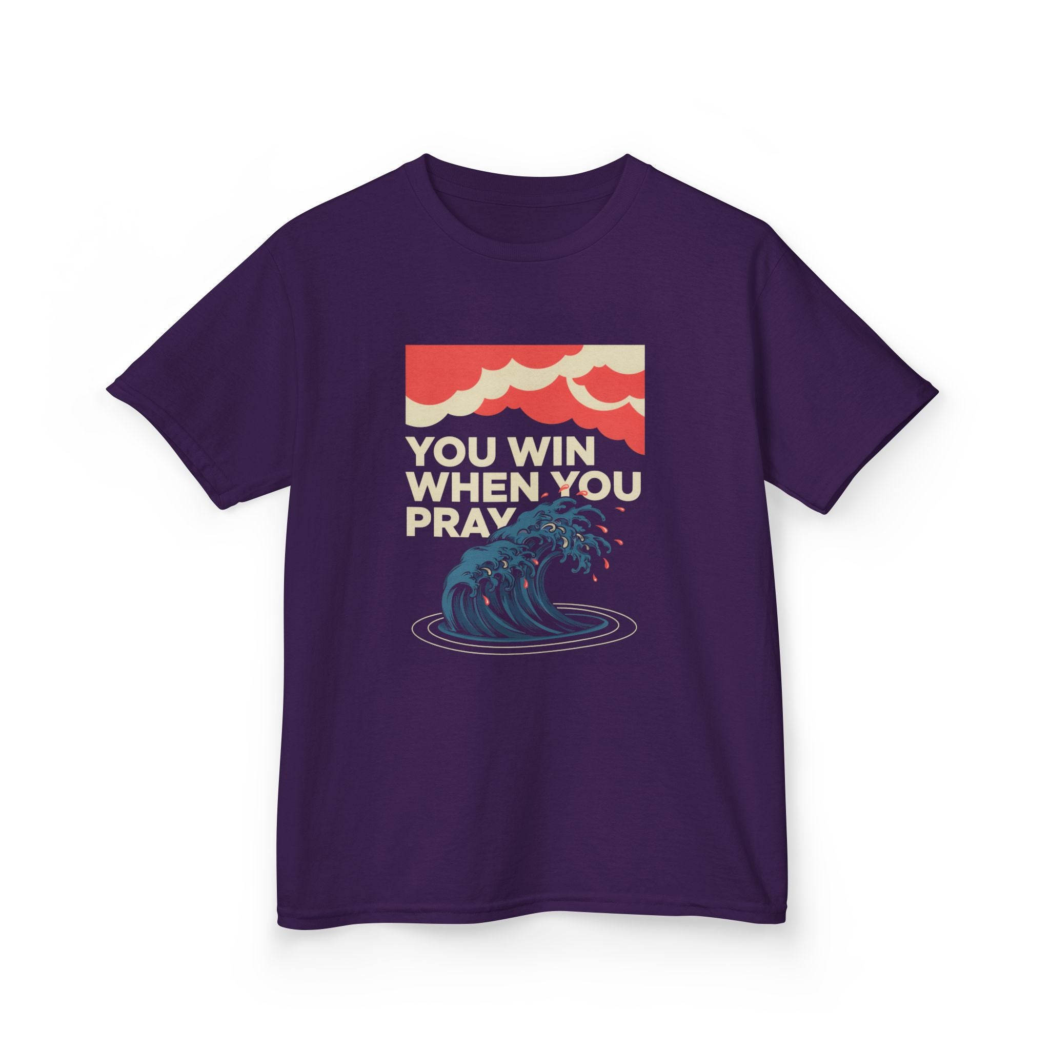 Kids Tee – “You Win When You Pray” Retro Wave Ocean Graphic