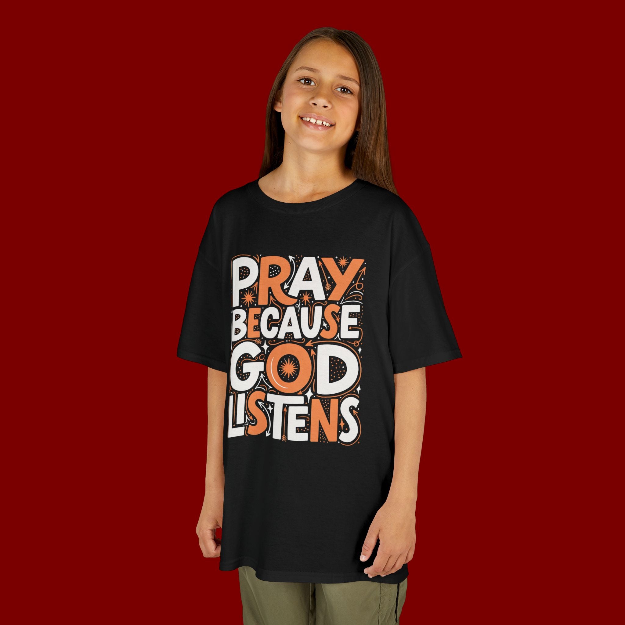Kids T-Shirt — “Pray Because God Listens” Inspirational Faith Tee for Children