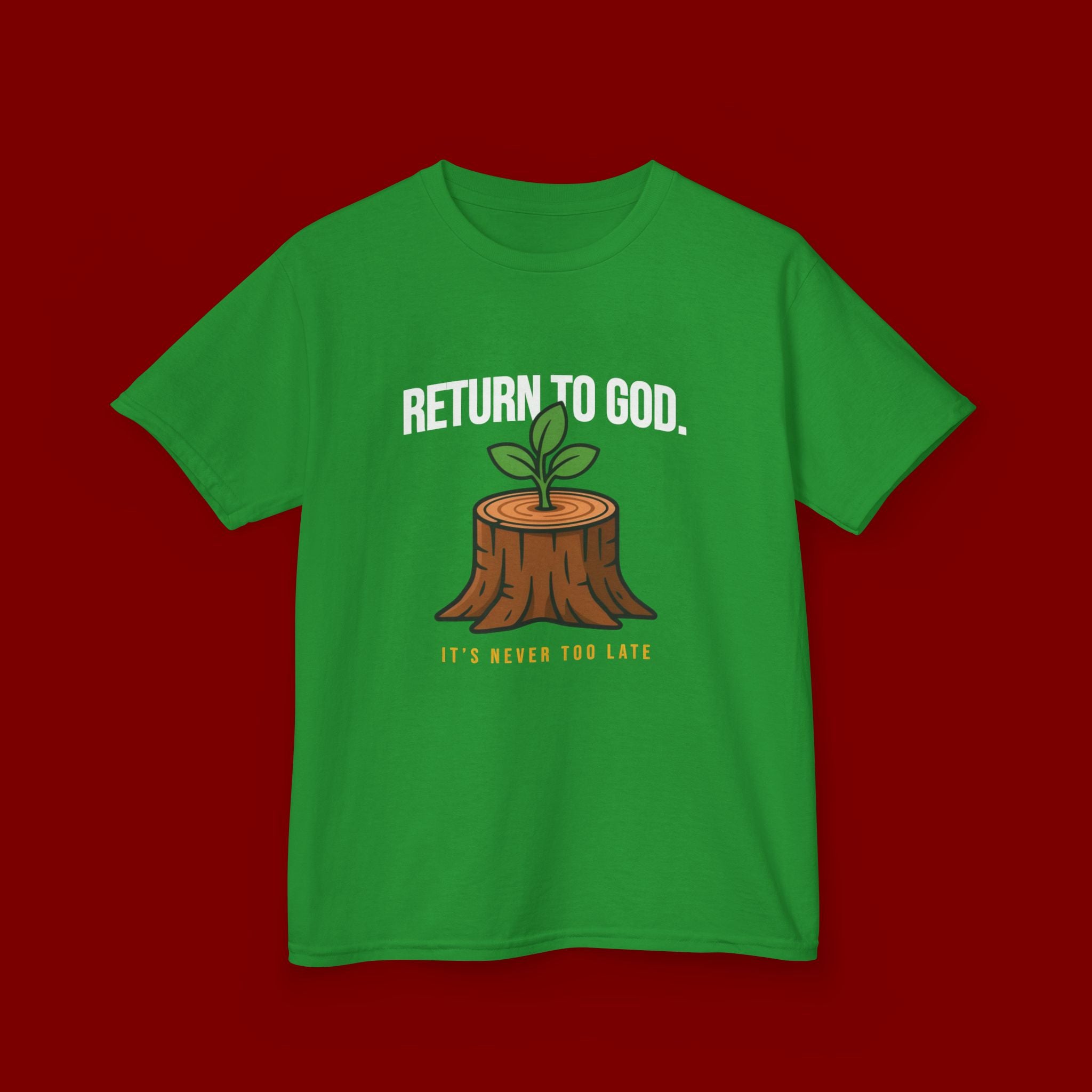 Return to God Kids T-Shirt – Tree Stump with Sprout, “It’s Never Too Late” Inspirational Youth Tee